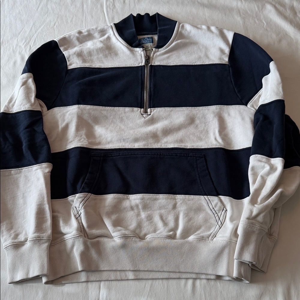 J. Crew Men's Navy and White Striped Half-Zip Sweatshirt
